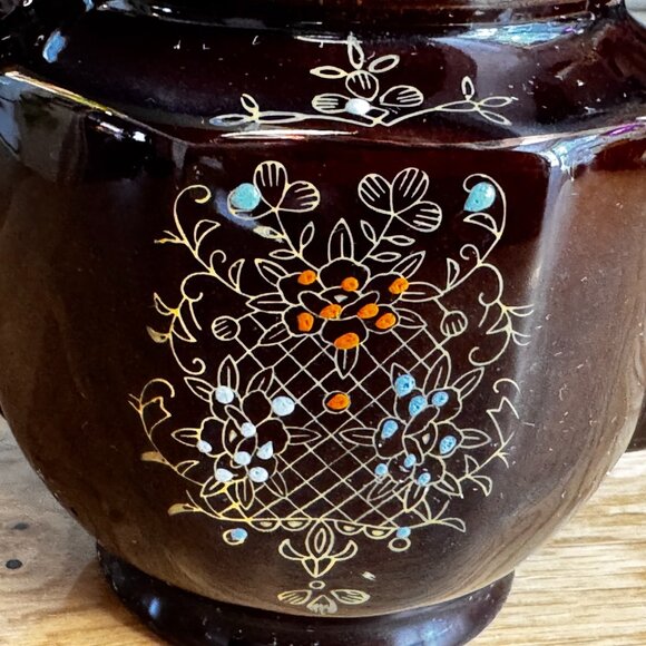 Moriage Style Ceramic Redware Teapot, Brown Flora, Vintage Pre-War Japan - Picture 15 of 16